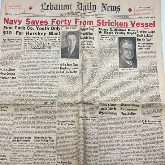 1950 Mar 18 LEBANON DAILY NEWS Newspaper Navy Saves 40 Stricken Vessel TI6-25