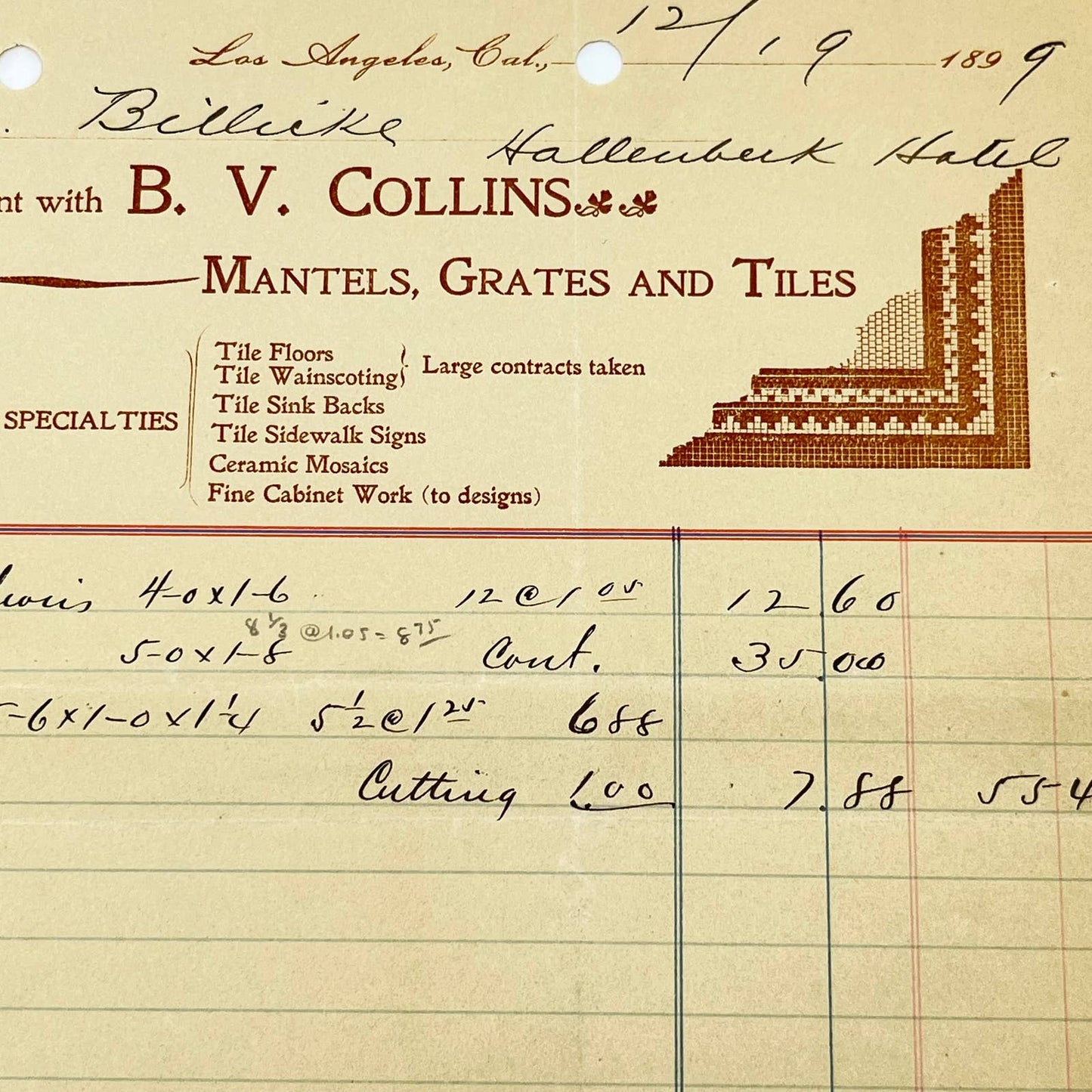 1899 B.V. Collins Mantels, Grates & Tiles Letterhead Los Angeles CA AB5