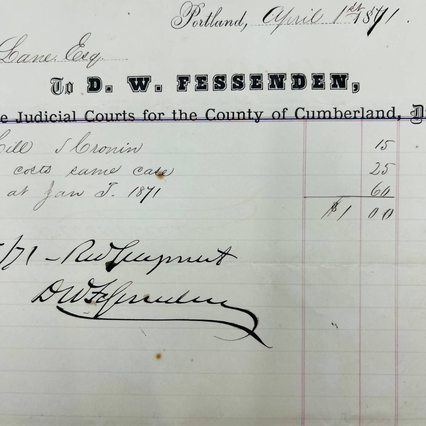 1871 DW Fessenden Cumberland Cty Judicial Clerk Portland ME Billhead Receipt AA4