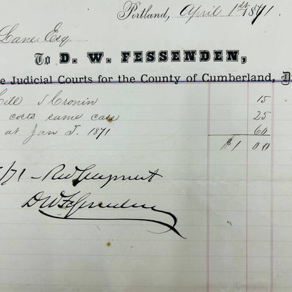 1871 DW Fessenden Cumberland Cty Judicial Clerk Portland ME Billhead Receipt AA4