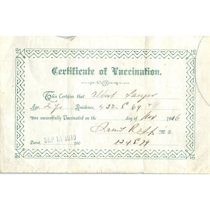 1916 Certificate of Vaccination NYC Albert Sanger East 69th St AD4