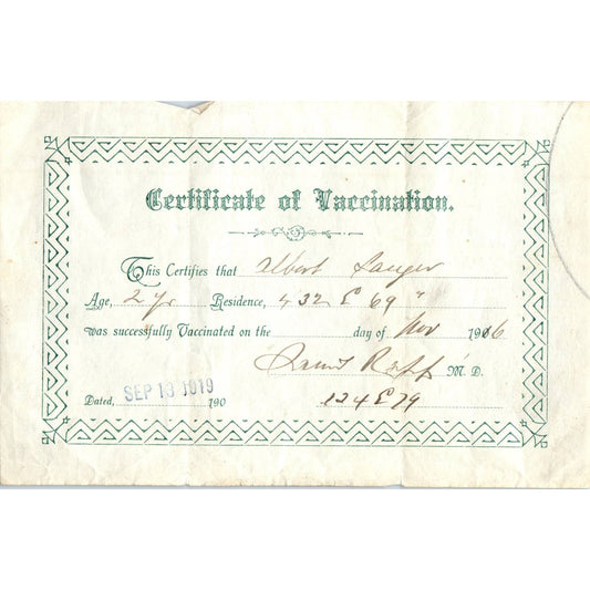 1916 Certificate of Vaccination NYC Albert Sanger East 69th St AD4