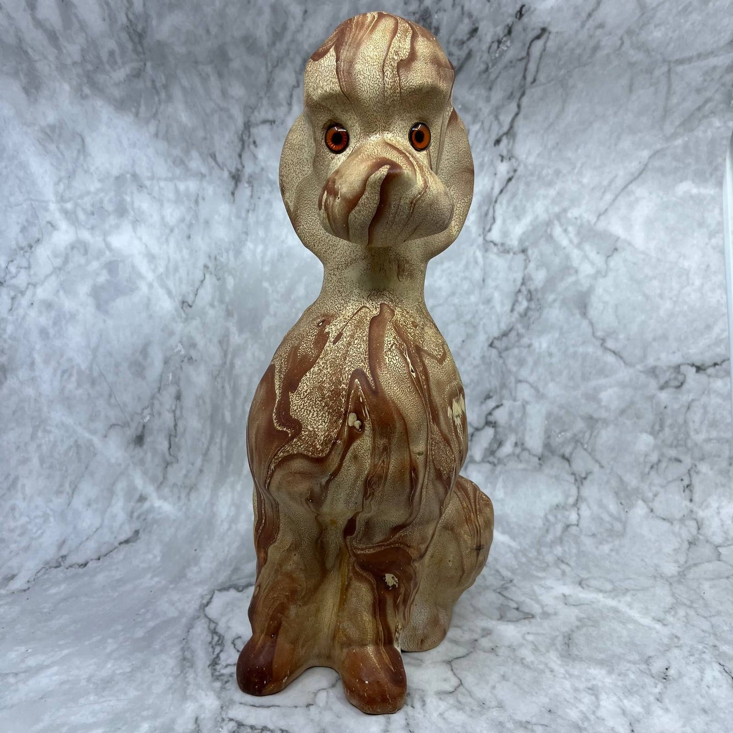 Vintage Pottery Poodle Dog Sculpture 14” Brown Swirl Orange Eyes TJ2-1