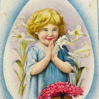 1910s Easter Post Card Embossed Little Girl Giant Egg Easter Lilies PA5