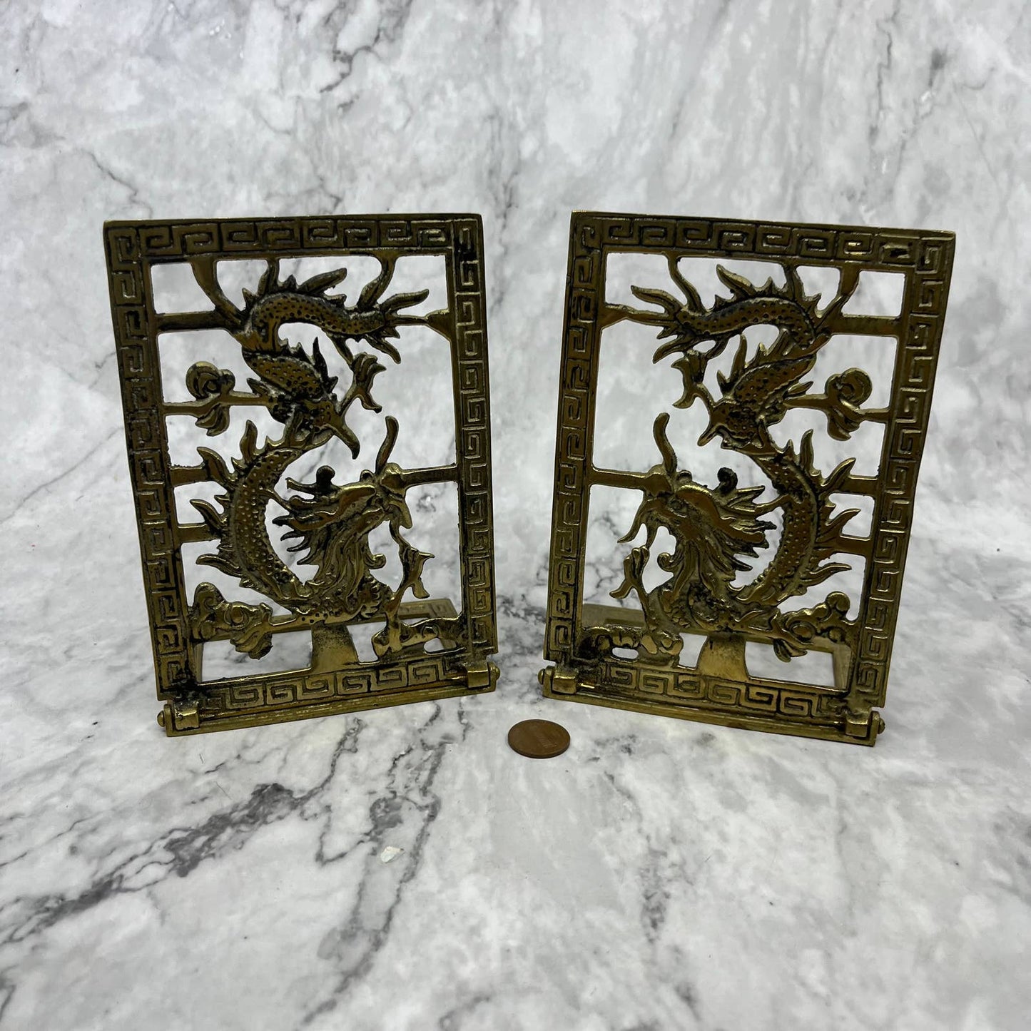 MCM Pair 2 Chinoiserie Dragon Brass Bookends 6x4" TK1