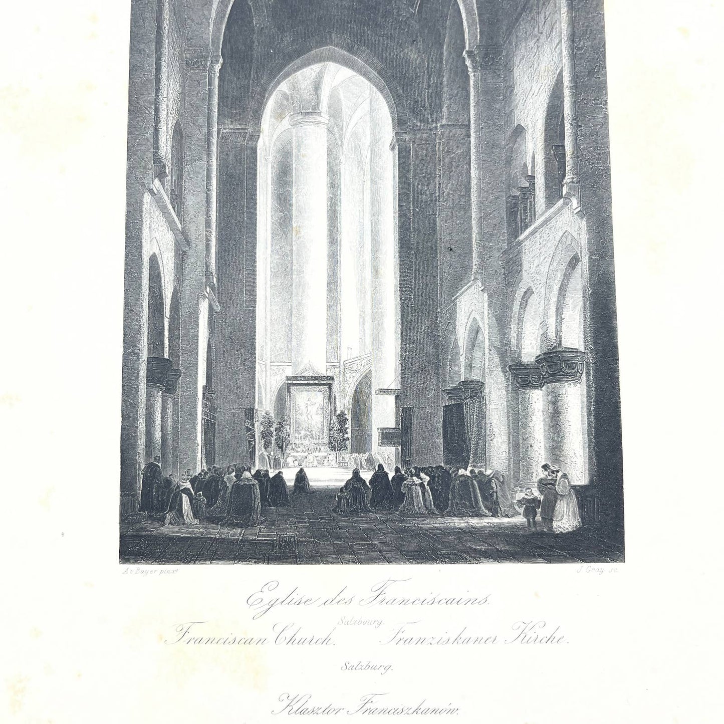 1864 Original Steel Art Engraving - Franciscan Church Salzburg A.V. Bayer AC3