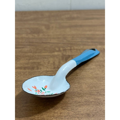 Vintage Enamel Spoon Blue and White Hand Painted Flowers 6” SD5