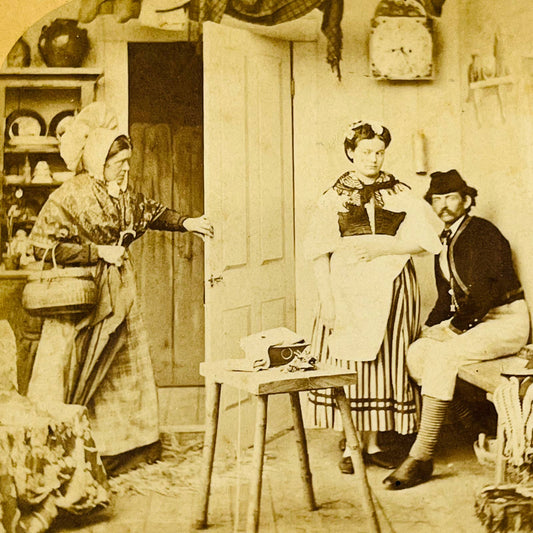 1872 Stereoview Card Unexpected - Couple and Mother in Kitchen White Mountain NH