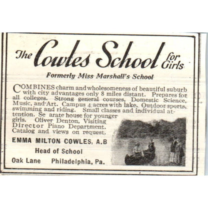 c1920 Harper's Ad - The Cowles School for Girls Emma Milton Cowles Phila EA3
