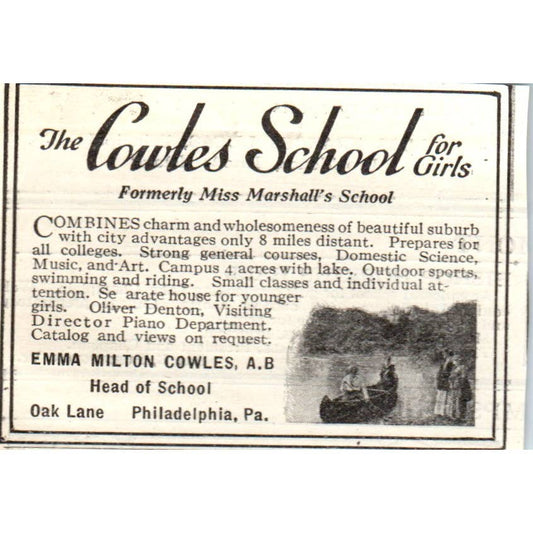 c1920 Harper's Ad - The Cowles School for Girls Emma Milton Cowles Phila EA3