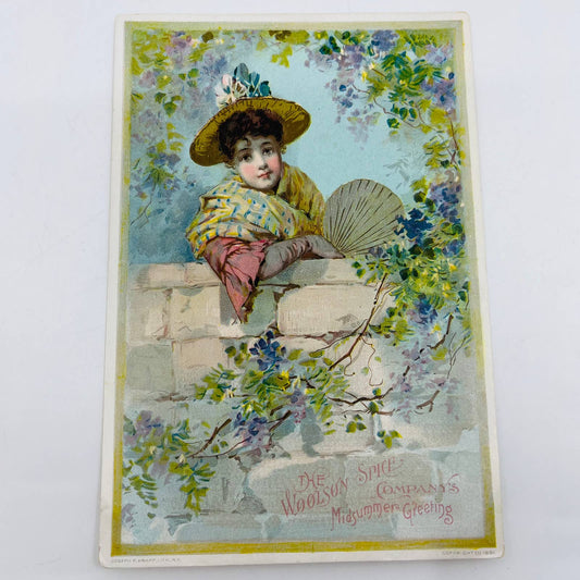 Victorian 1800s Trade Card Lion Coffee Woolson Spice Toledo OH Woman w/ Fan AA3