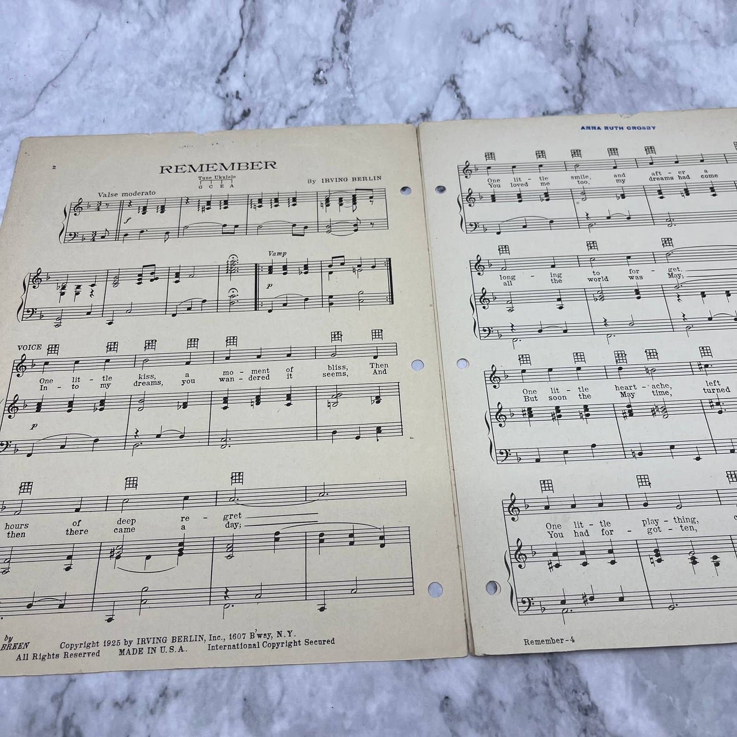 Vintage 1925 Irving Berlin's Remember Sheet Music Vintage Song Musical TJ4