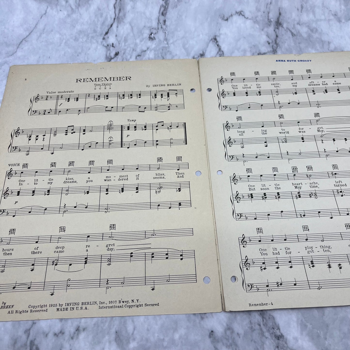 Vintage 1925 Irving Berlin's Remember Sheet Music Vintage Song Musical V41-3
