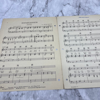 Vintage 1925 Irving Berlin's Remember Sheet Music Vintage Song Musical V41-3