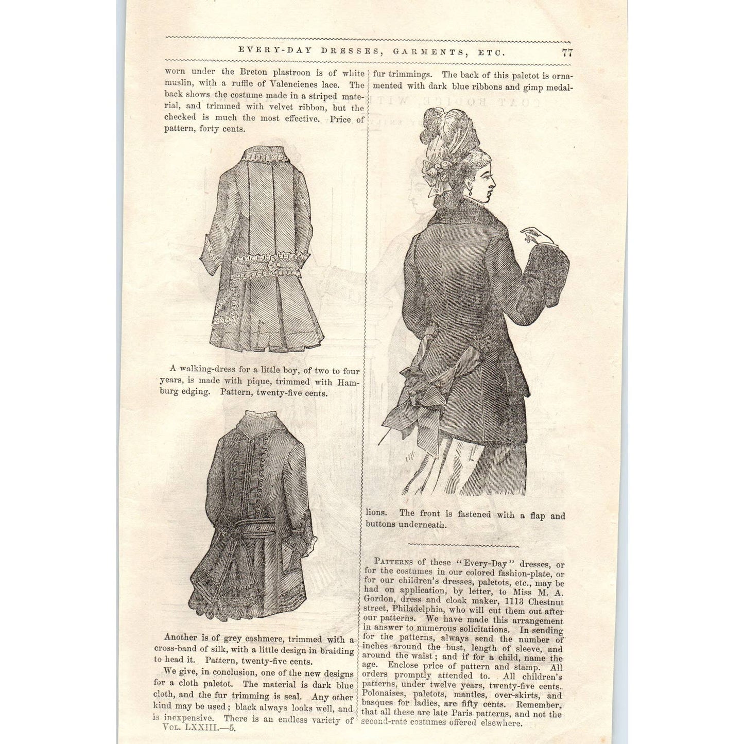 1878 Victorian Engraving Women's Fashion Coat Bodice Dress SF2