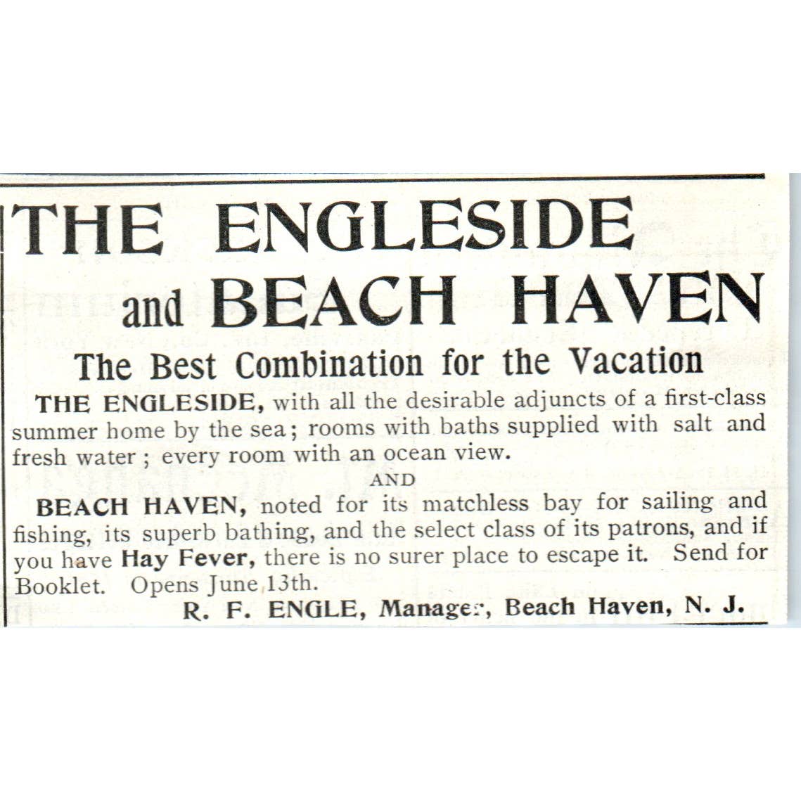 The Engleside and Beach Haven Resorts R.F. Engle NJ - 1903 Original Ad TJ7-L