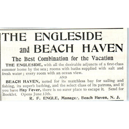 The Engleside and Beach Haven Resorts R.F. Engle NJ - 1903 Original Ad TJ7-L