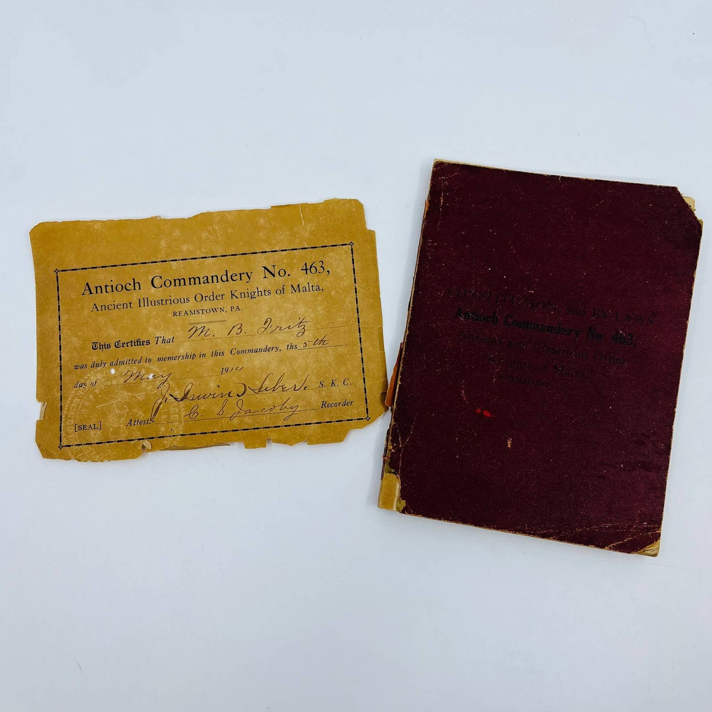 1914 Antioch Commandery No.463 Knights of Malta Constitution & Certificate TD8