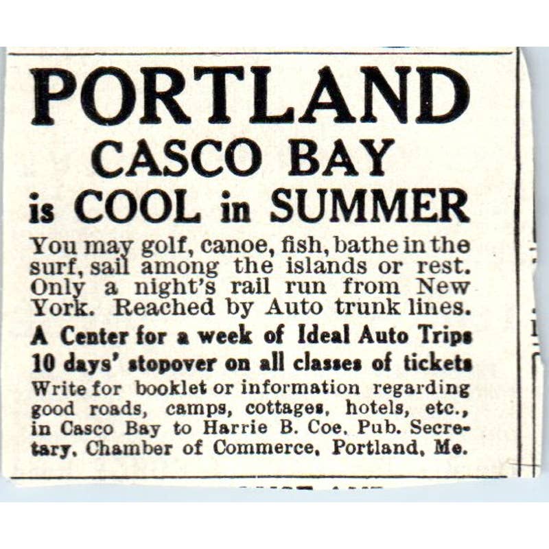 c1920 Harper's Magazine Ad - Portland Casco Bay Travel Ad Maine EA3-2