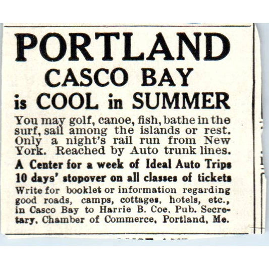 c1920 Harper's Magazine Ad - Portland Casco Bay Travel Ad Maine EA3-2