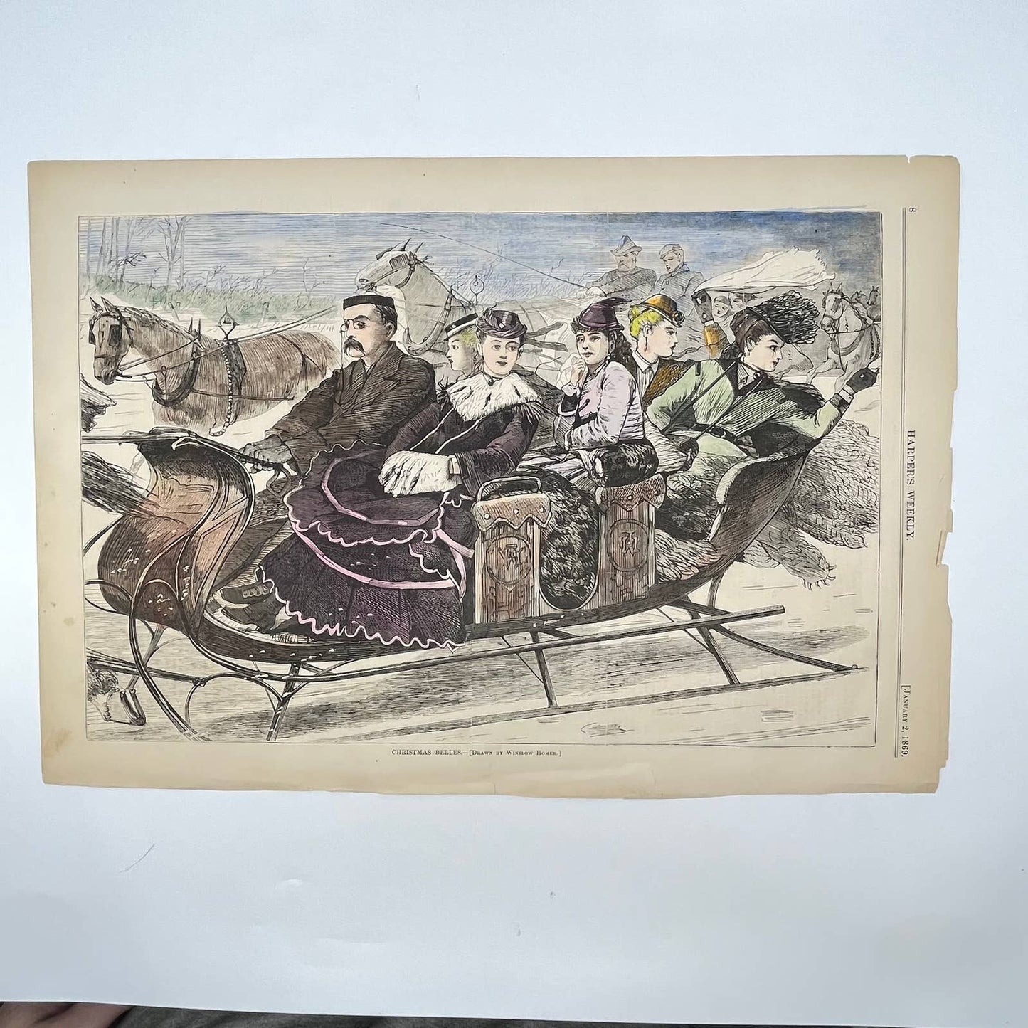 1869 Harper’s Weekly Tinted Engraving Print CHRISTMAS BELLES Winslow Homer FL1