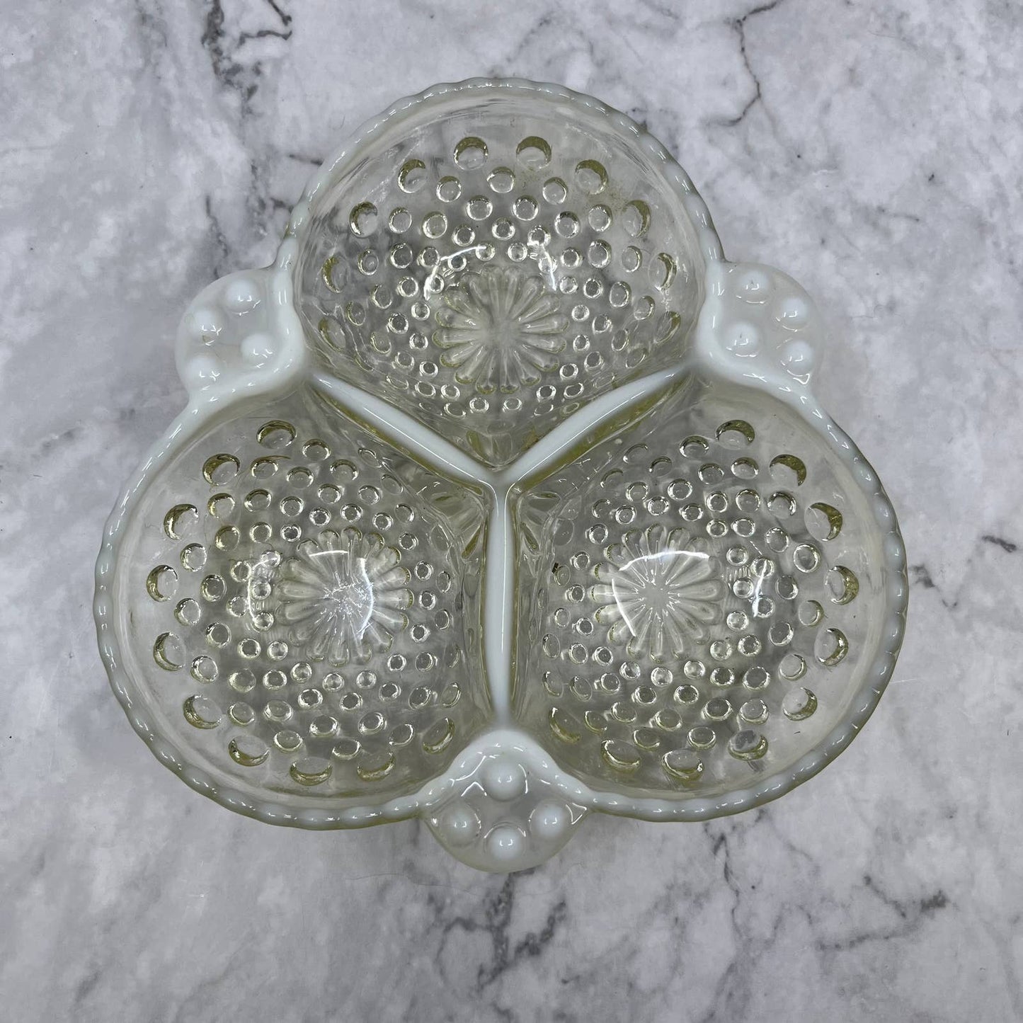 Anchor Hocking Moonstone Hobnail Ruffled Divided 3 Section Candy Dish 6.5” TC4