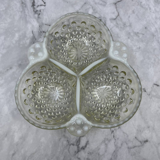 Anchor Hocking Moonstone Hobnail Ruffled Divided 3 Section Candy Dish 6.5” TC4