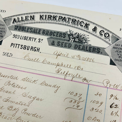 1886 Allen Kirkpatrick Grocers Pittsburgh PA Billhead Letterhead Receipt AA4