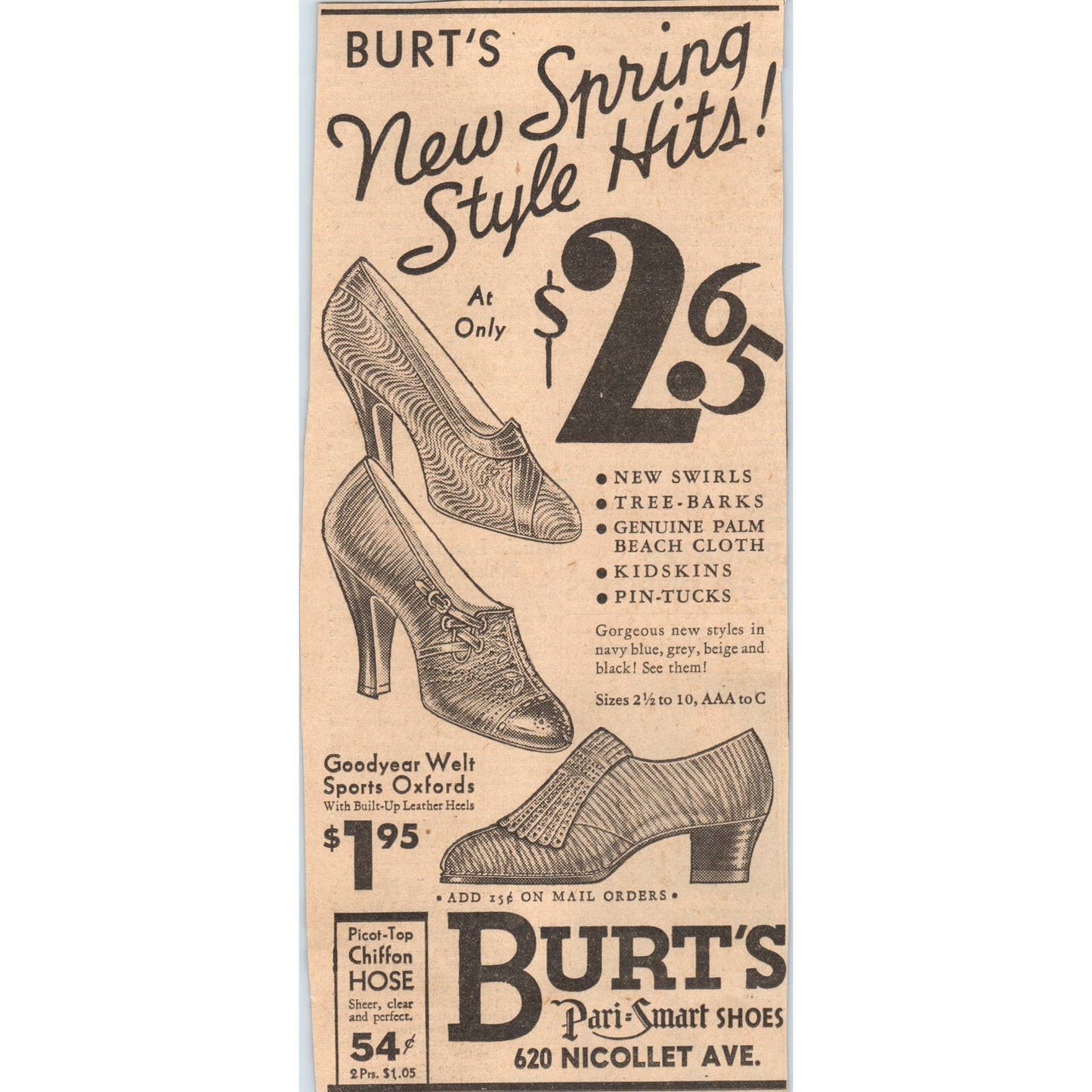 1935 Minneapolis Journal Newspaper Ad Burt's Pari-Smart Shoes Nicollet FL5-3