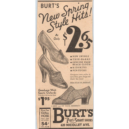 1935 Minneapolis Journal Newspaper Ad Burt's Pari-Smart Shoes Nicollet FL5-3