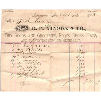 1883 Letterhead Billhead U.C. Vinson & Co. Dry Goods Georgiana AL AD6