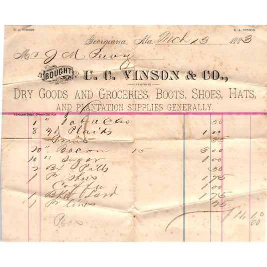 1883 Letterhead Billhead U.C. Vinson & Co. Dry Goods Georgiana AL AD6