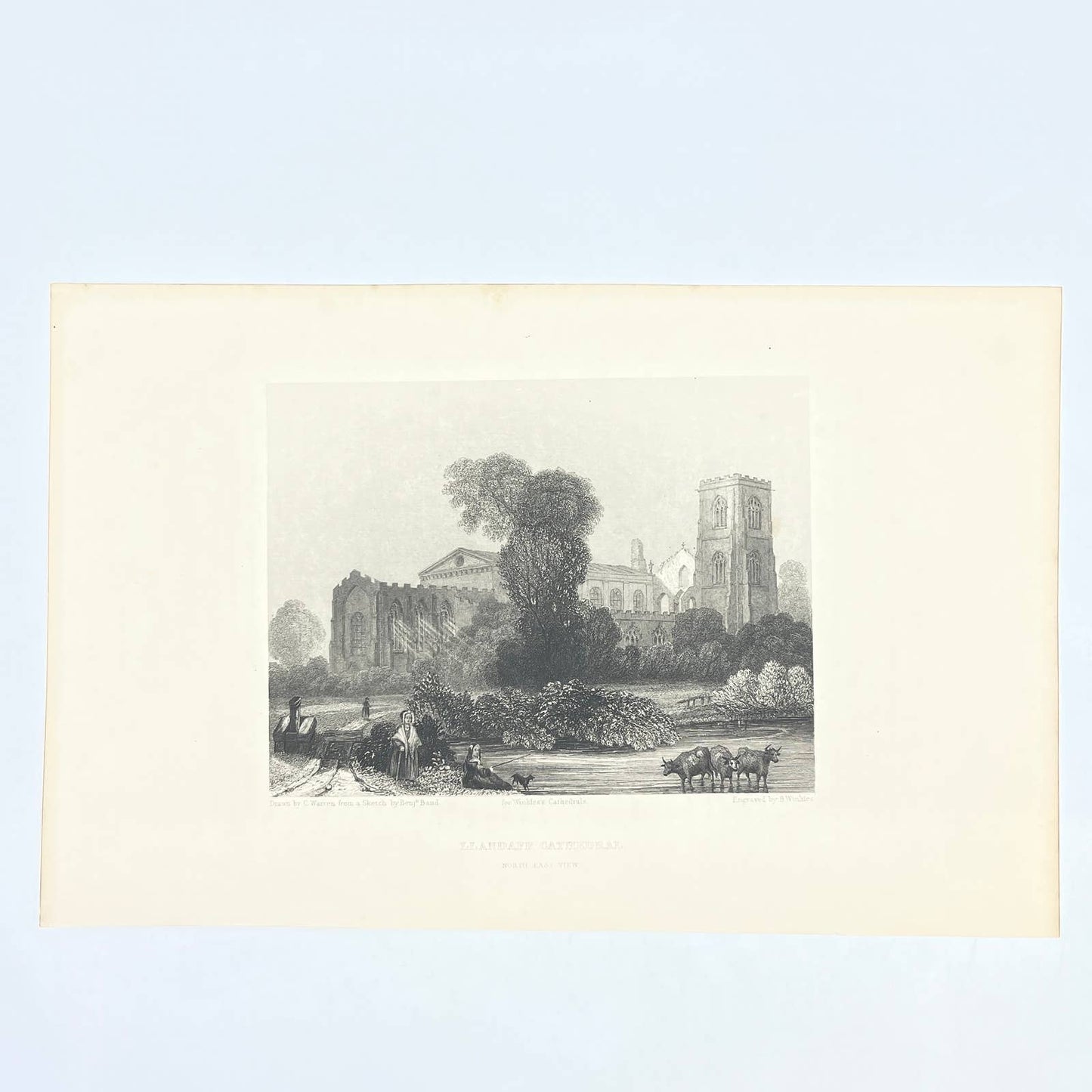 1842 Original Art Engraving Llandaff Cathedral - North East View AC6