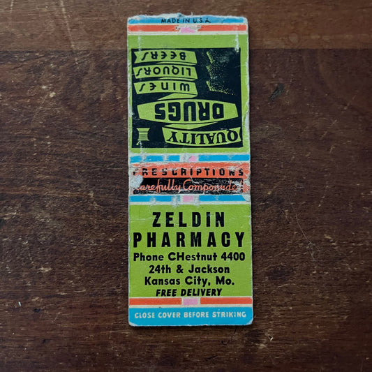 Zeldin Pharmacy Kansas City MO Advertising Matchbook Cover SB3-M3