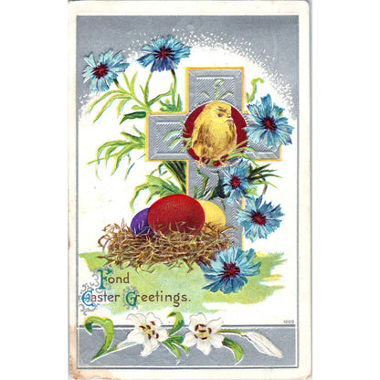 Easter Greetings Embossed Chick on Nest Colored Eggs - Original Postcard TJ7-RP3