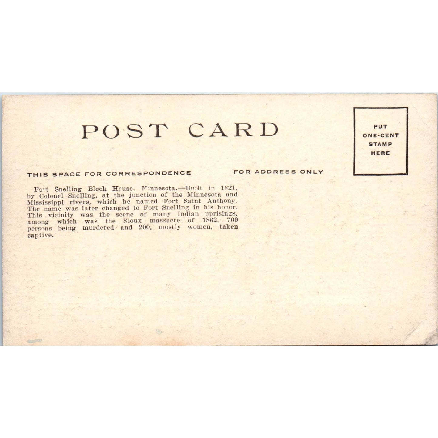 Fort Snelling Block House Minnesota c1910 Original Postcard TK1-27