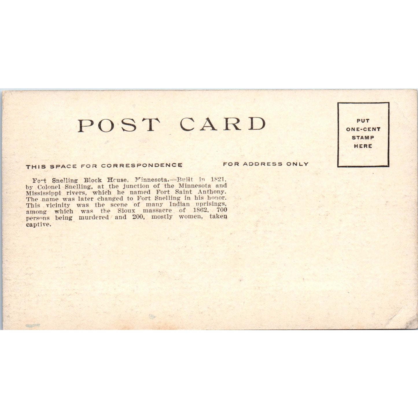 Fort Snelling Block House Minnesota c1910 Original Postcard P1-12