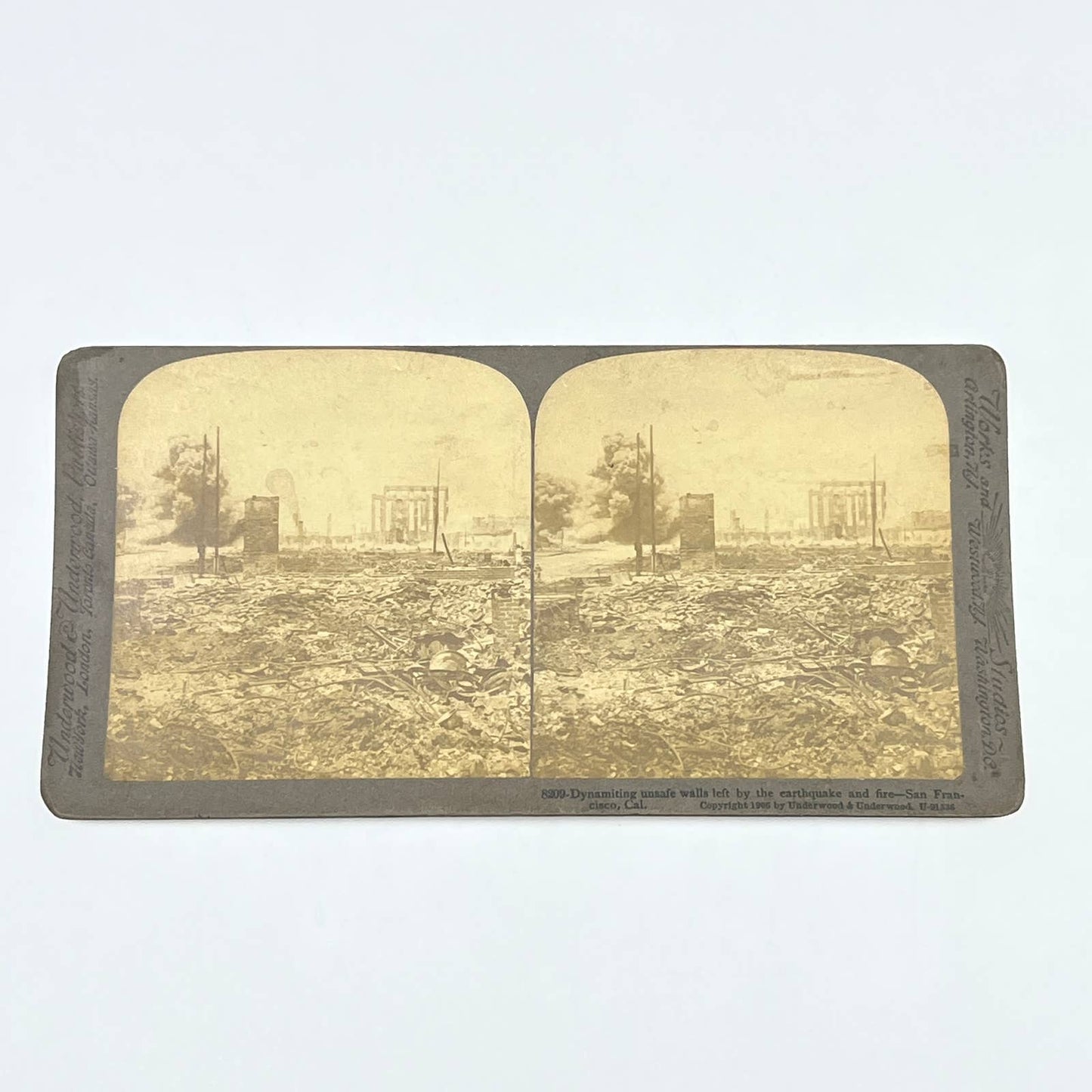 c1900 Stereoview Card San Francisco Earthquake Dynamiting Unsafe walls SD6