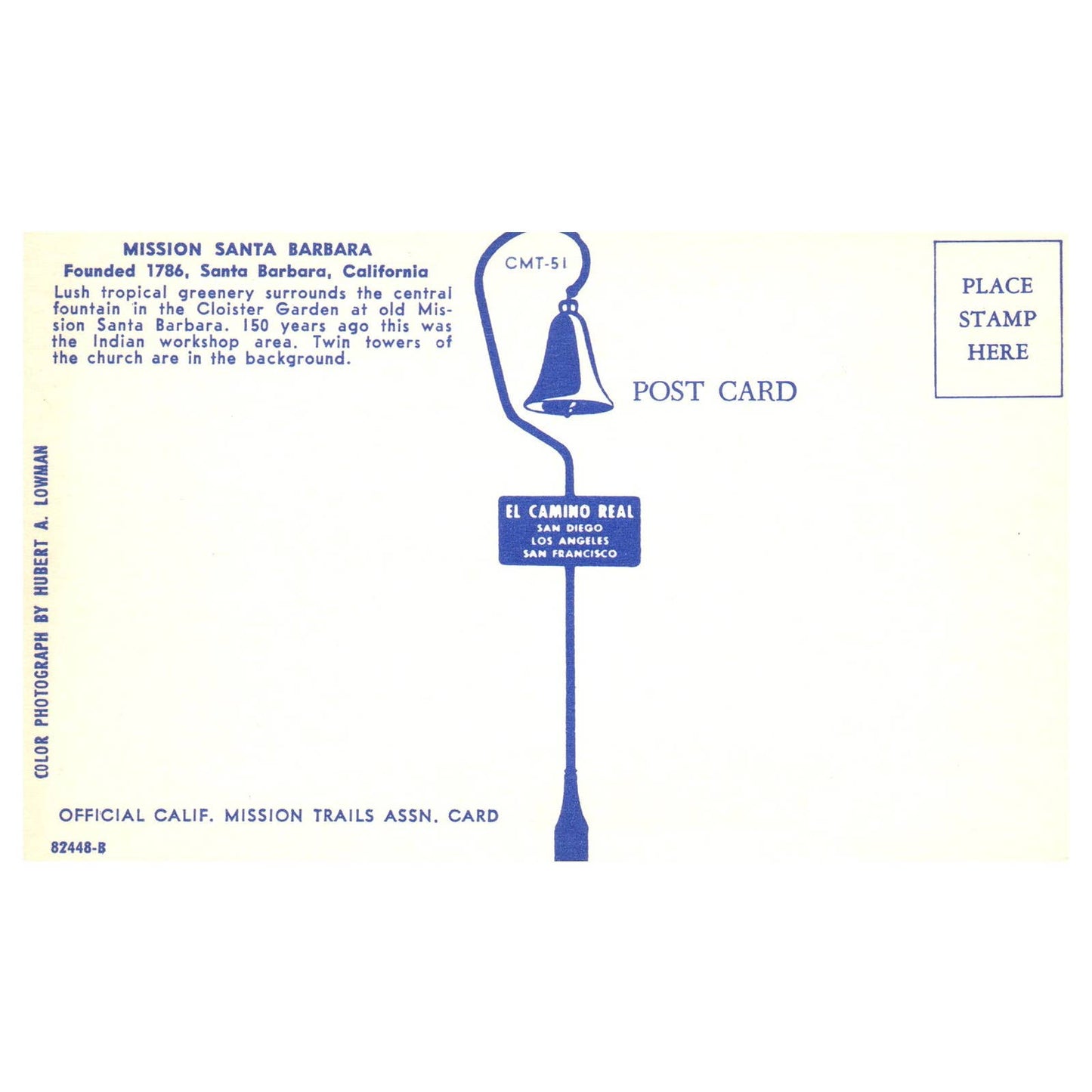 Vintage Postcard - Mision Santa Barbara California Cloister Garden TJ7-1