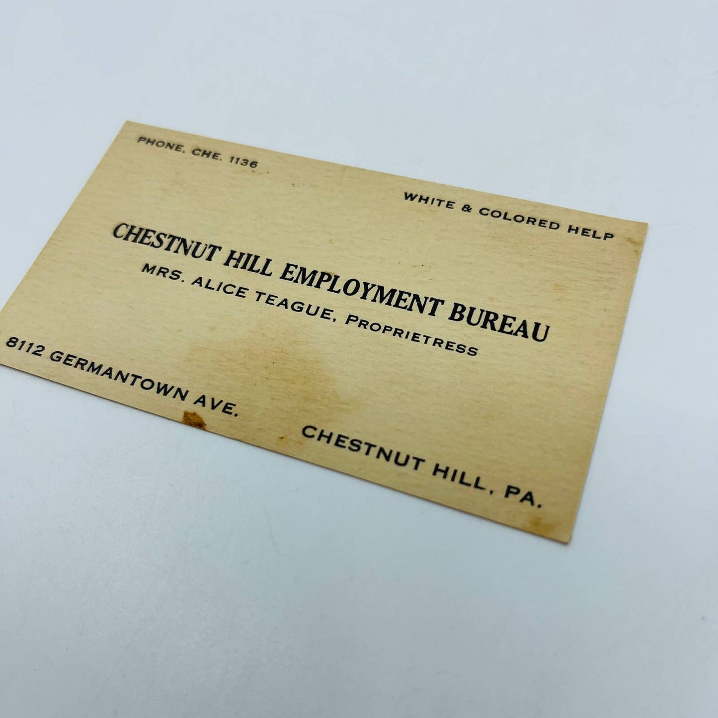 Antique Business Card Chestnut Hill Employment Bureau White & Colored  PA AA2