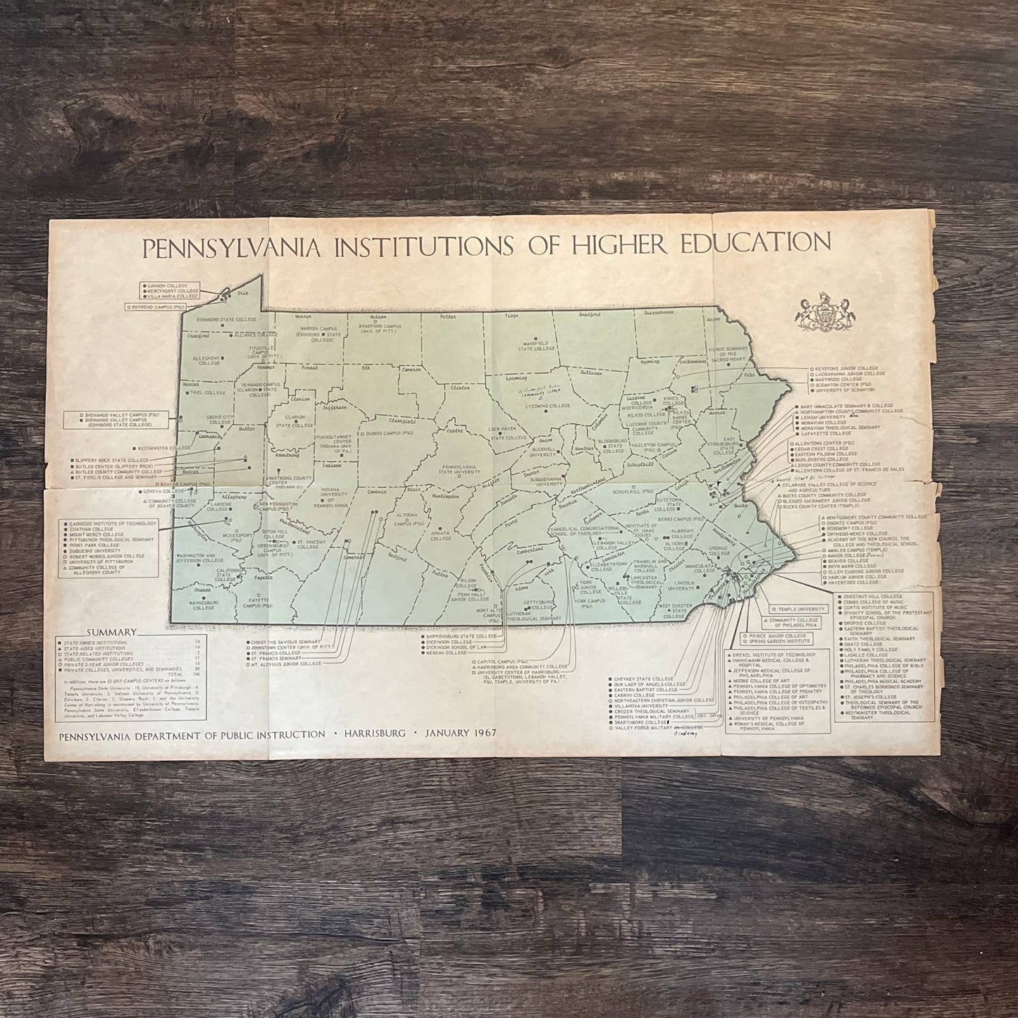 1967 Pennsylvania Institutions of Higher Education Fold Out Map 17x27" TG1