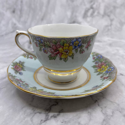 Colclough England Bone China Footed Tea Cup & Saucer Set Pale Blue & Floral TD1