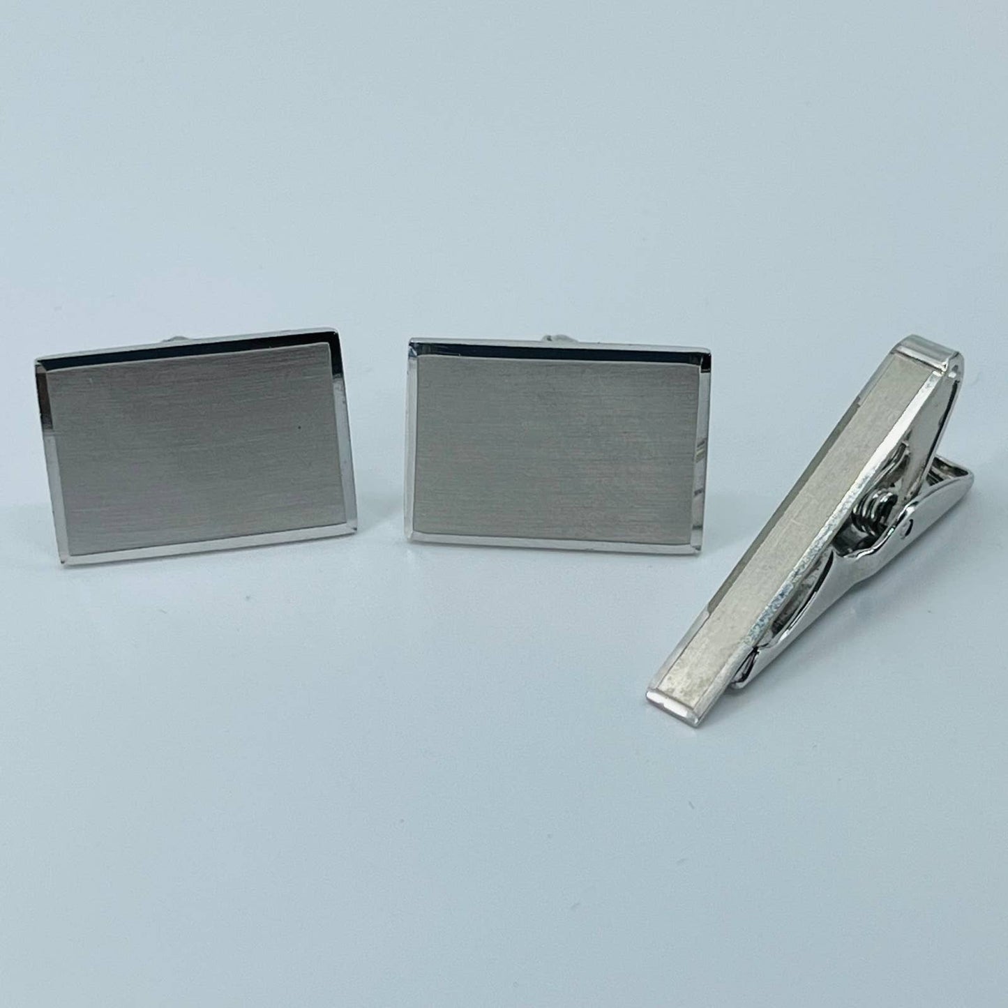 Vintage MCM Chrome Brushed Cufflinks & Tie Clip Set SB2