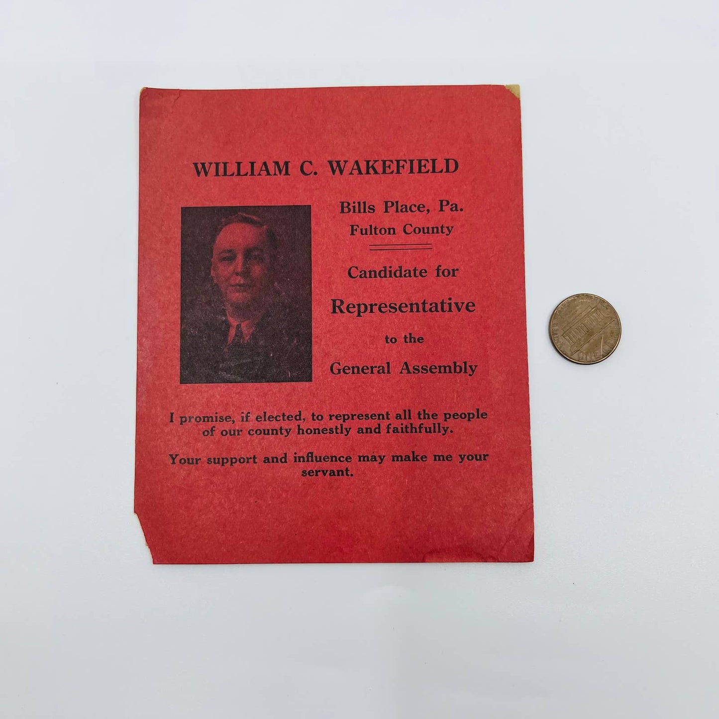 1944 William C. Wakefield Political Campaign Card Fulton County PA Assembly SC1