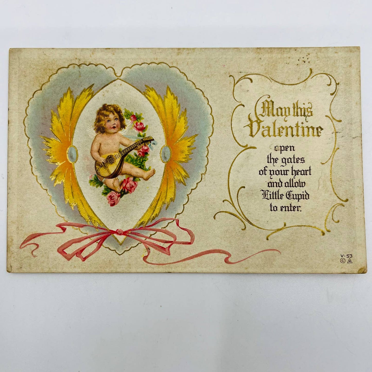 1914 Valentine’s Post Card Cupid Heart Mandolin Embossed PA3