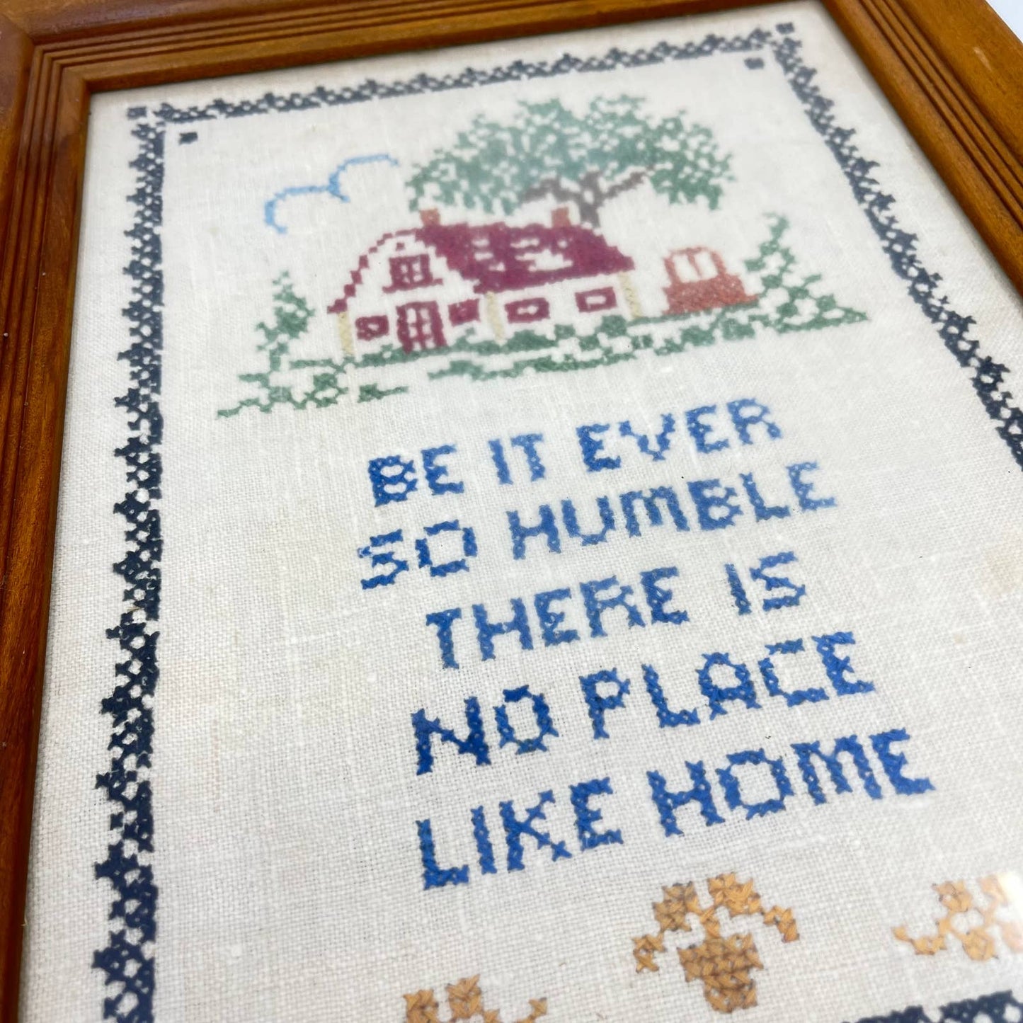 Vintage Original Framed Crewel Cross Stitch Sampler No Place Like Home 11x14 TE6