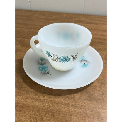 1950s MCM Atomic Fire King Anchor Teacup Saucer Bonnie Blue Carnation TG8