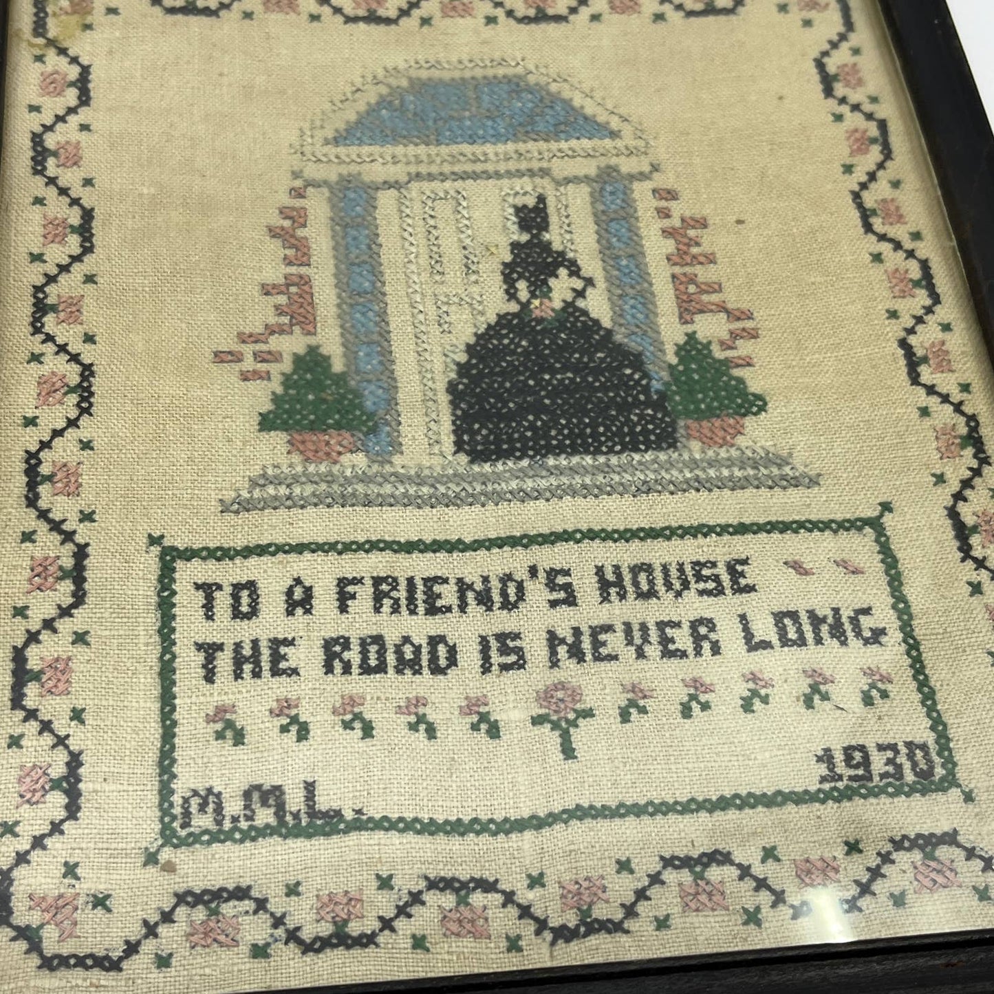 1930 Framed Cross Stitch Sampler To a Friend's House the Road is Never Long TG3