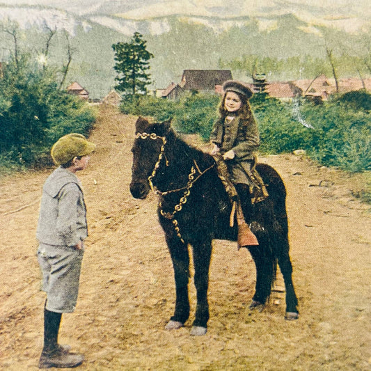 1905 Stereoview Card Hand Tinted Boy and Girl Riding Pony Mt. Shasta CA