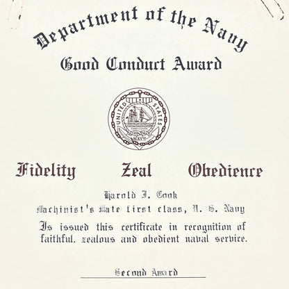 1966 US Navy Good Conduct Award Chief Machinist's Mate Harold J Cook AB7